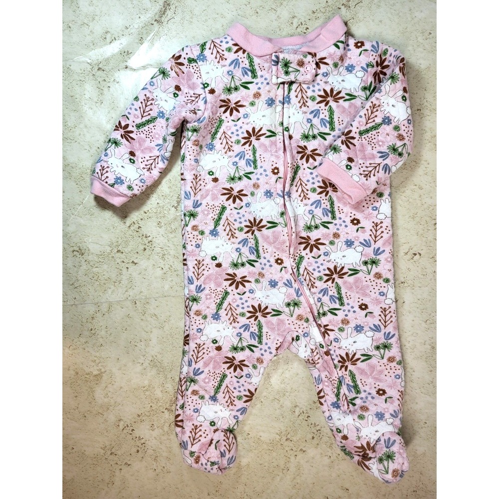 Chick Pea Quilted Sleeper Pink‎ Bunnies Plants Full Zip Front Footed 3-6 mo
